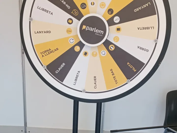 Yellow and grey prize wheel on a white stand