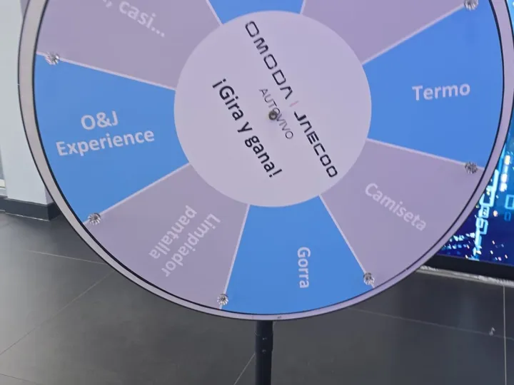 Blue promotional wheel on a stand