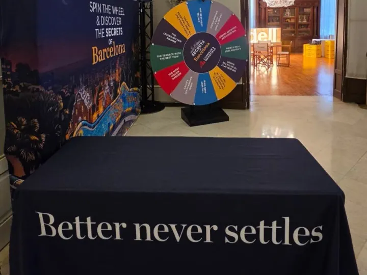 Giant wheel with a table and Barcelona backdrop in a hotel