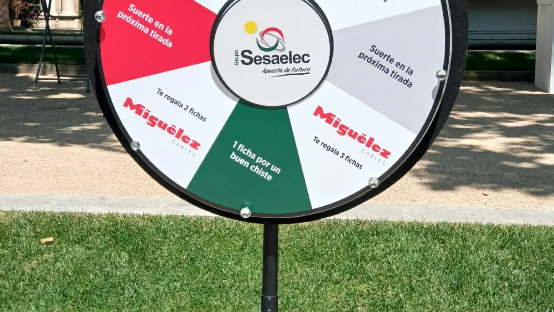 Colourful promotional wheel in a historic garden