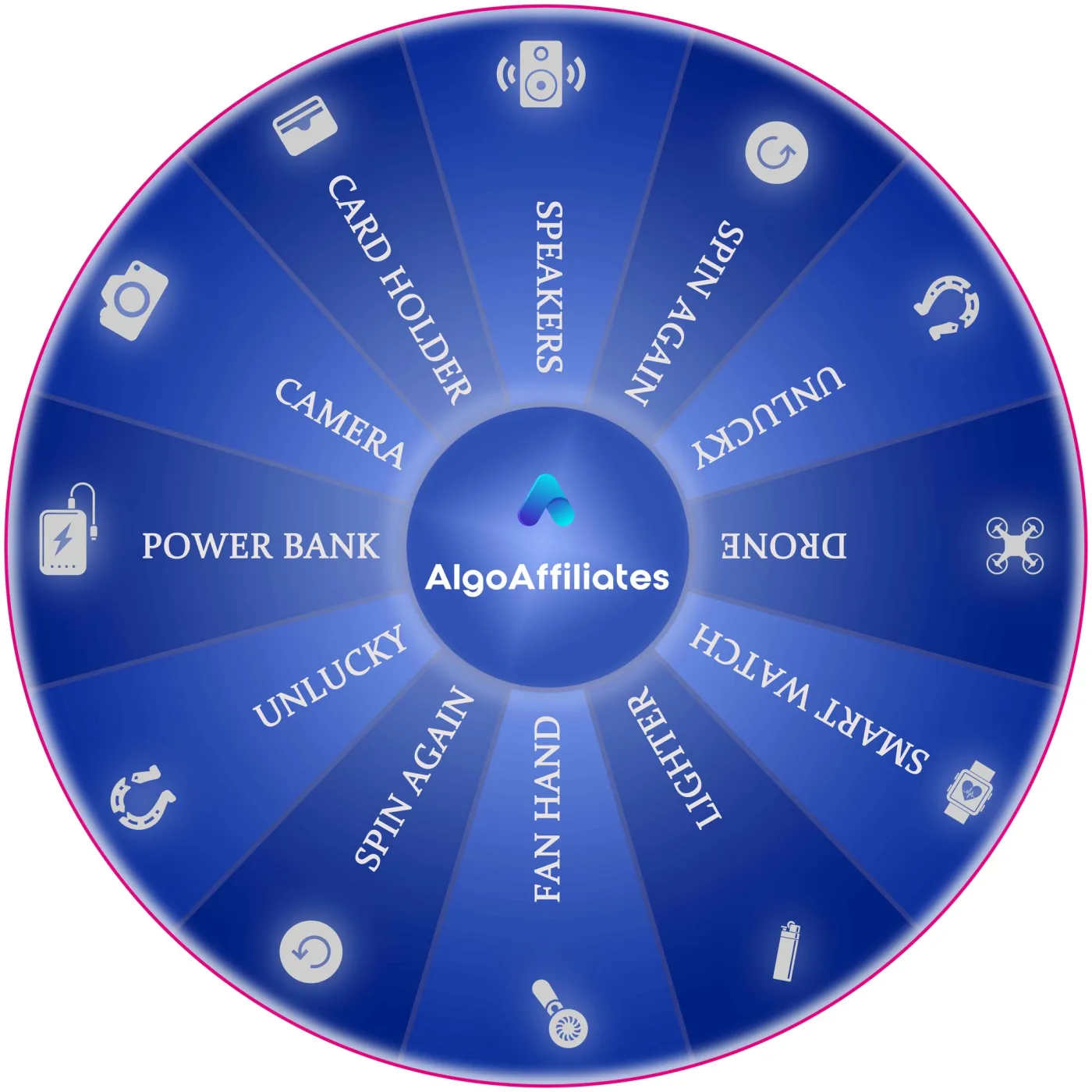 Dark blue wheel design with tech prizes