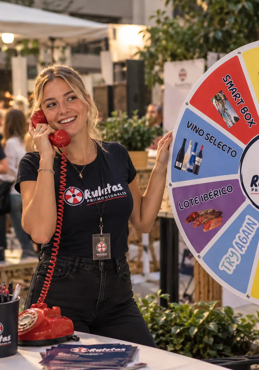 Chica sonriente al teléfono junto a una ruleta de premios personalizada en un evento